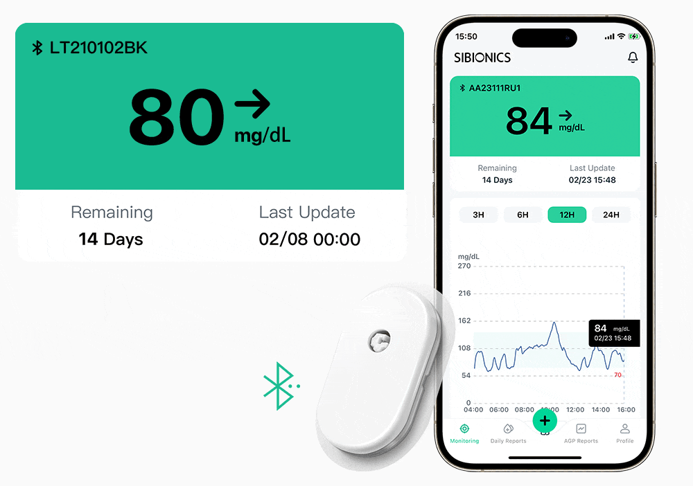 Sibionics app — live glucose readings, trends, and AGP report