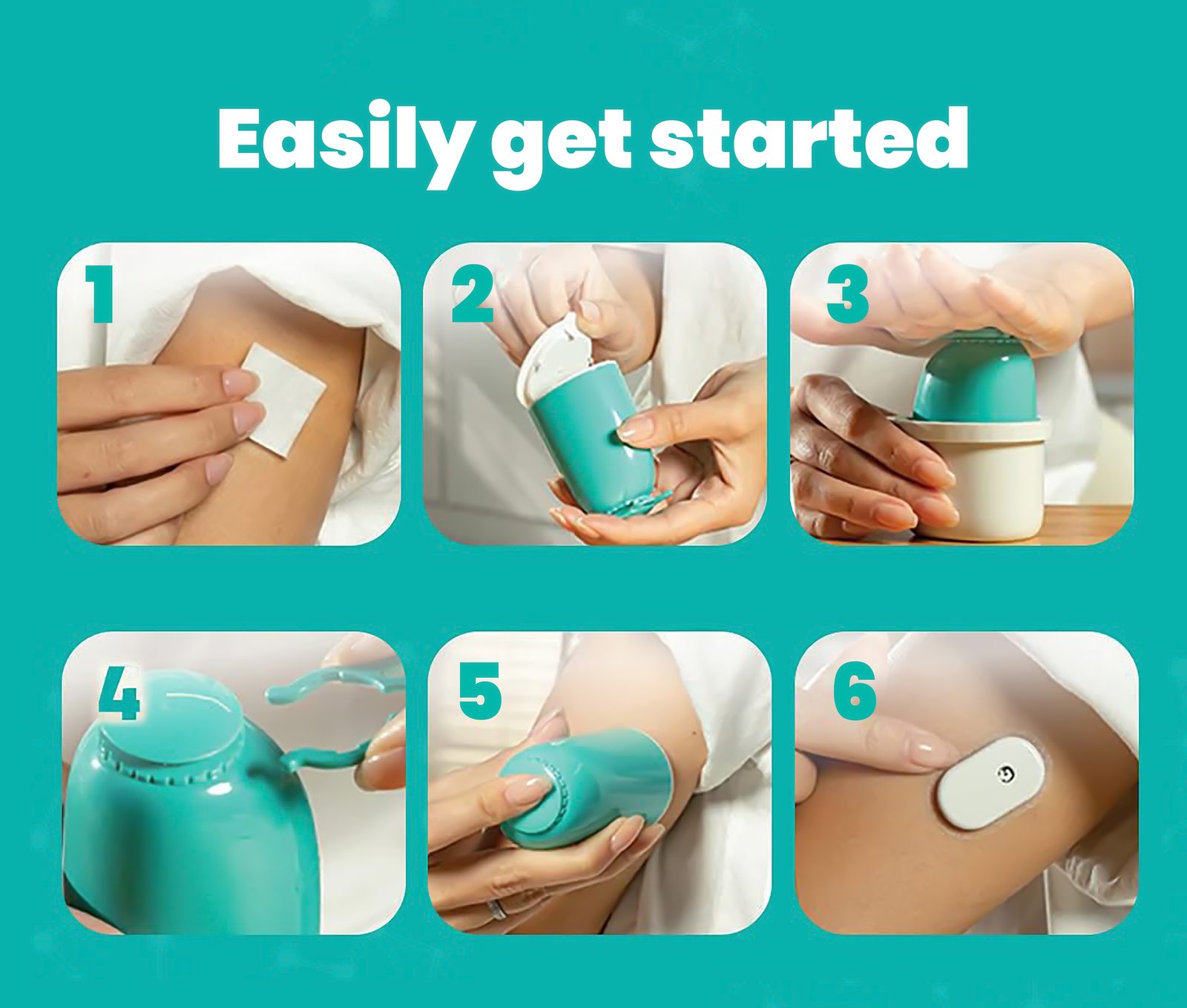 Applying the Sibionics sensor in six easy steps: 1 clean the upper arm, 2 open the applicator, 3 attach the applicator to the base, 4 twist off the cap, 5 press firmly on the arm, 6 the sensor is placed.
