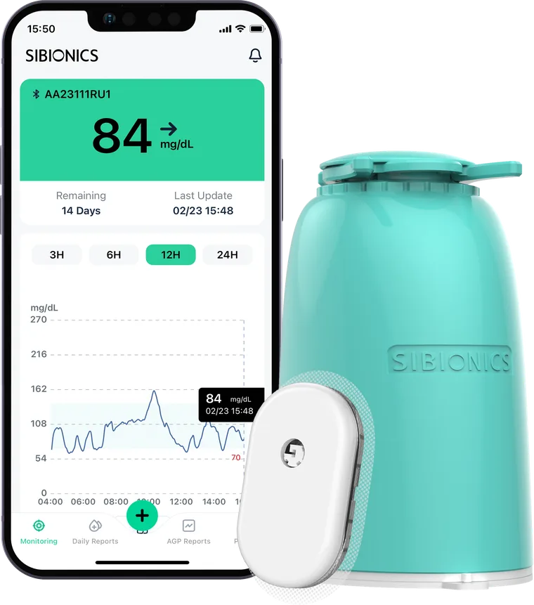 Sibionics app on a phone showing 84 mg/dL next to the GS1 sensor and applicator