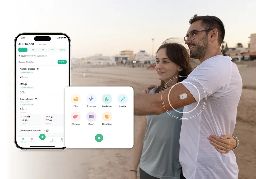 Couple at the beach, GS1 sensor on his arm, with the AGP report and event log in the app