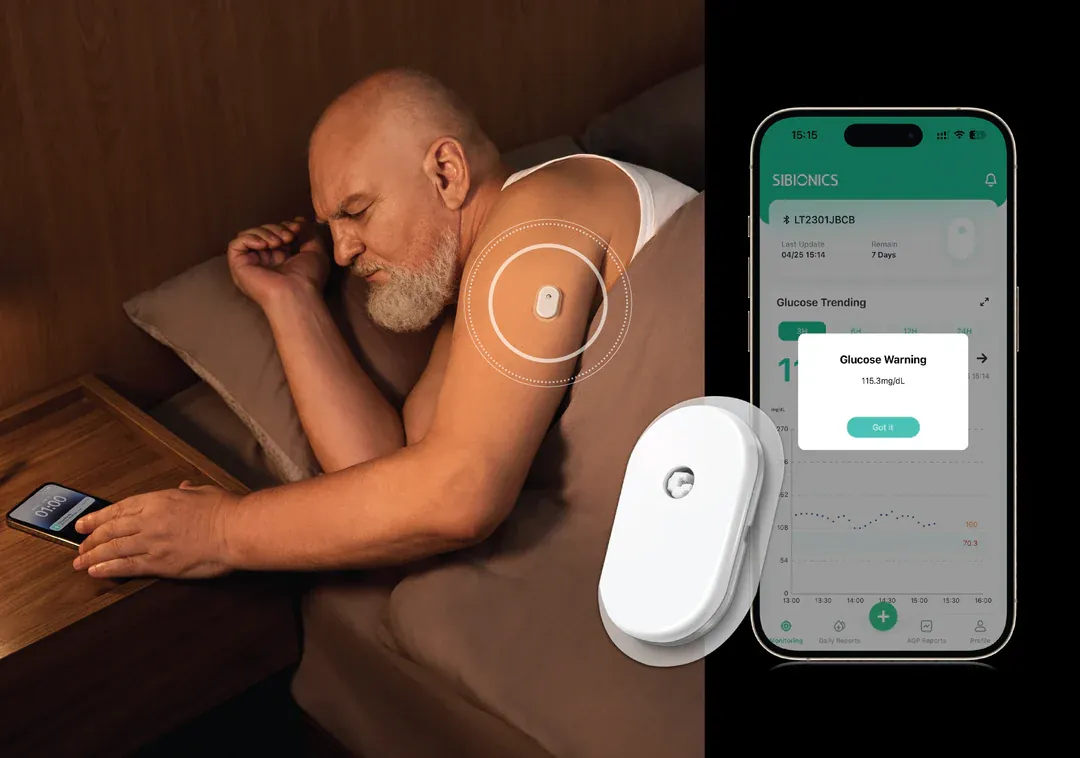 Man asleep with a GS1 sensor on his arm while the Sibionics app raises a glucose warning